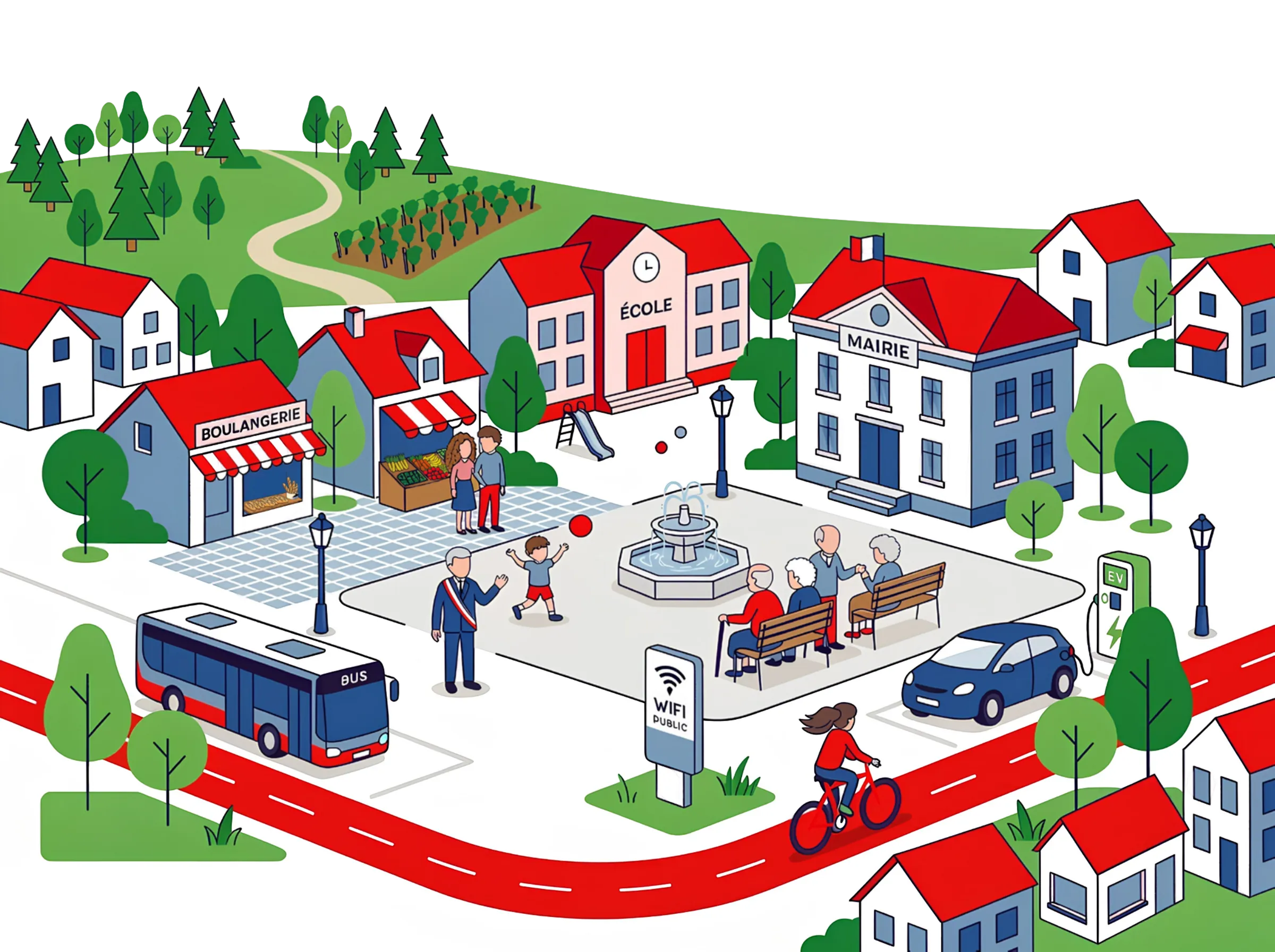 Illustration d'une commune : mairie, école, commerces, place, bus, piste cyclable et borne de recharge